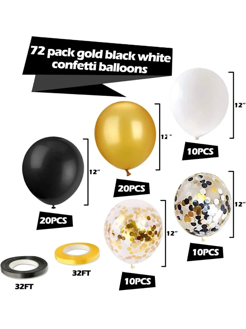 Gold, Black & White Confetti Balloon Party Set